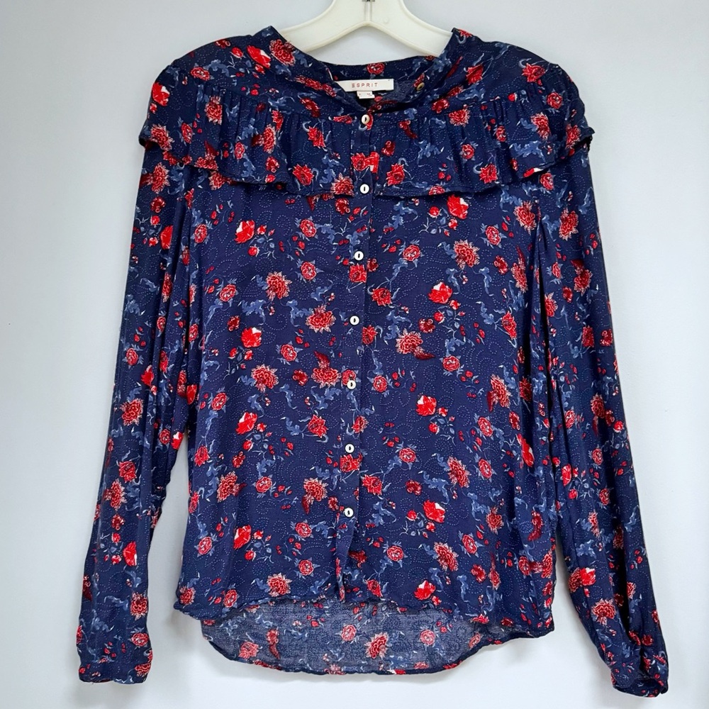 Esprit Size 6 US Blue Floral Button Front Top Ruffled Yoke Romantic Cottagecore